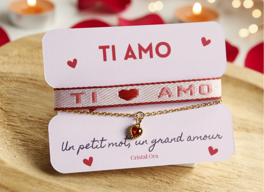 Bracelet "TI AMO" Double Rang en Acier Inoxydable avec Ruban Tissé Rouge et Rose 💎