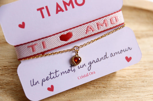 Bracelet "TI AMO" Double Rang en Acier Inoxydable avec Ruban Tissé Rouge et Rose 💎
