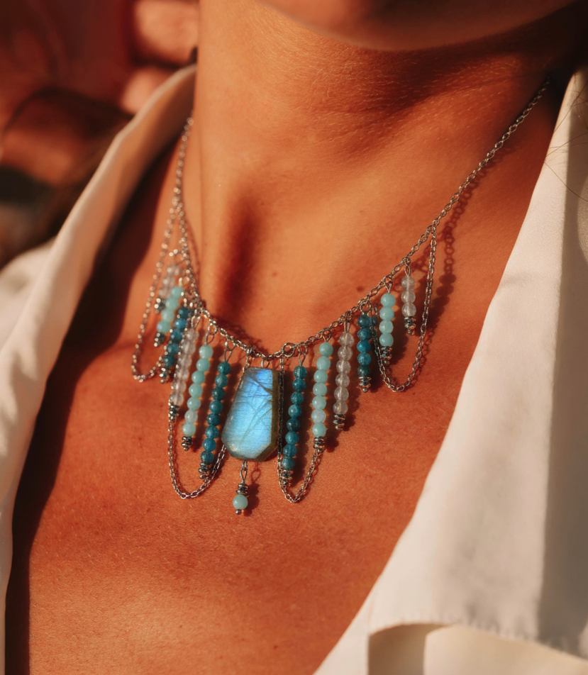 Collier Calypso en Acier Inoxydable - Labradorite, amazonite et apatite 💎