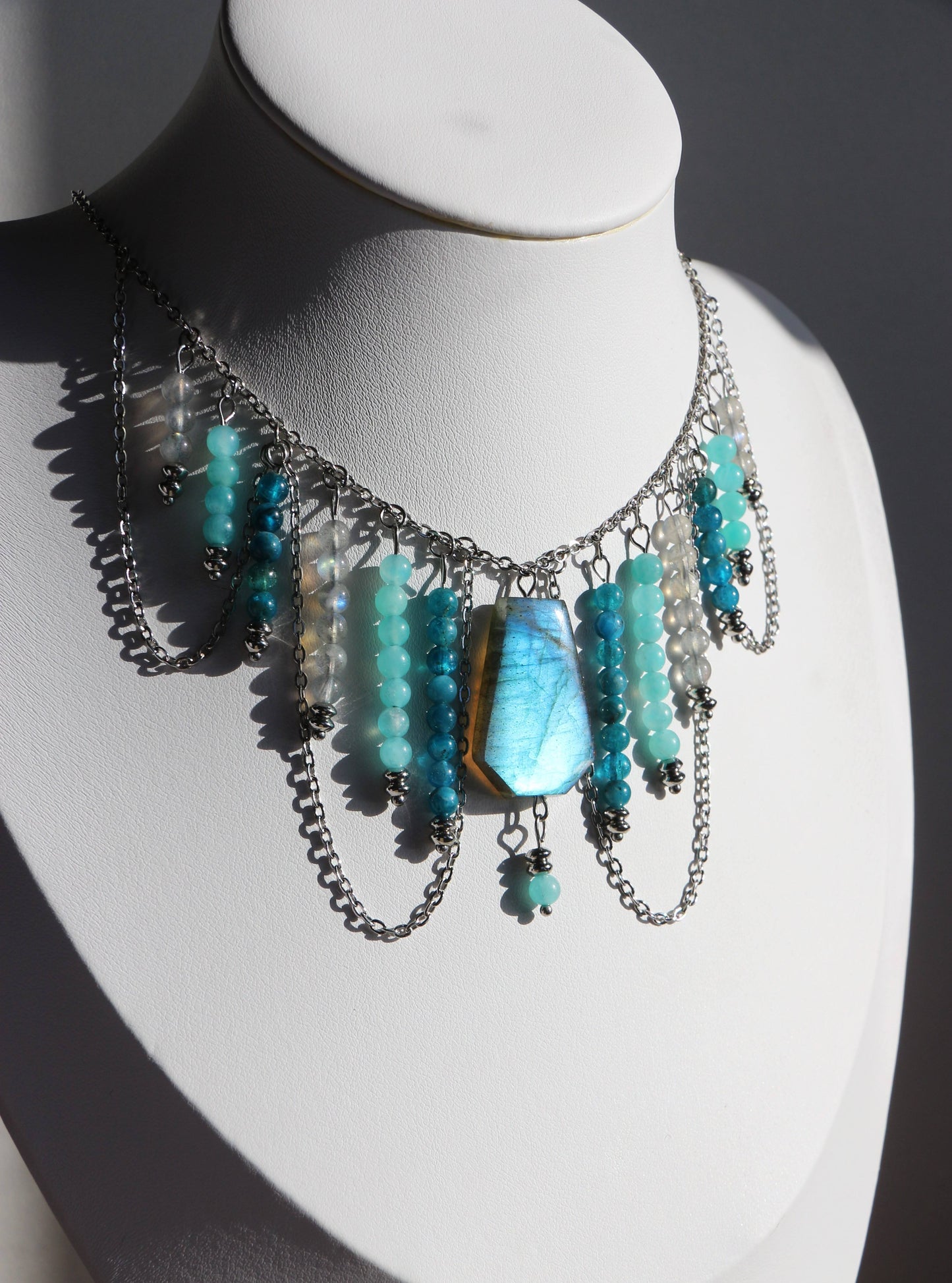 Collier Calypso en Acier Inoxydable - Labradorite, amazonite et apatite 💎