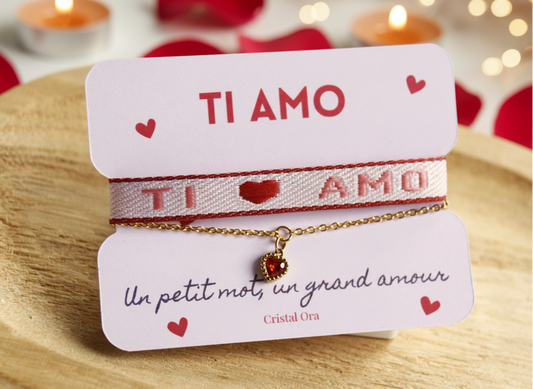 Bracelet "TI AMO" Double Rang en Acier Inoxydable avec Ruban Tissé Rouge et Rose 💎