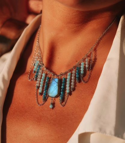 Collier Calypso en Acier Inoxydable - Labradorite, amazonite et apatite  💎