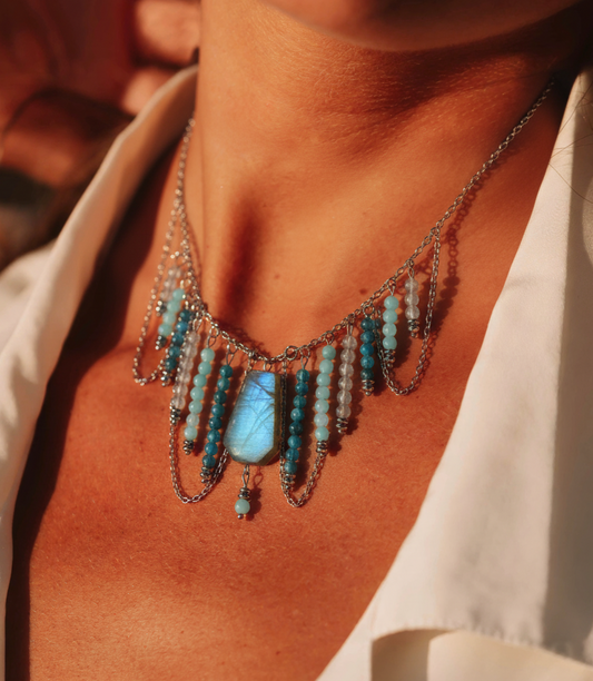 Collier Calypso en Acier Inoxydable - Labradorite, amazonite et apatite  💎